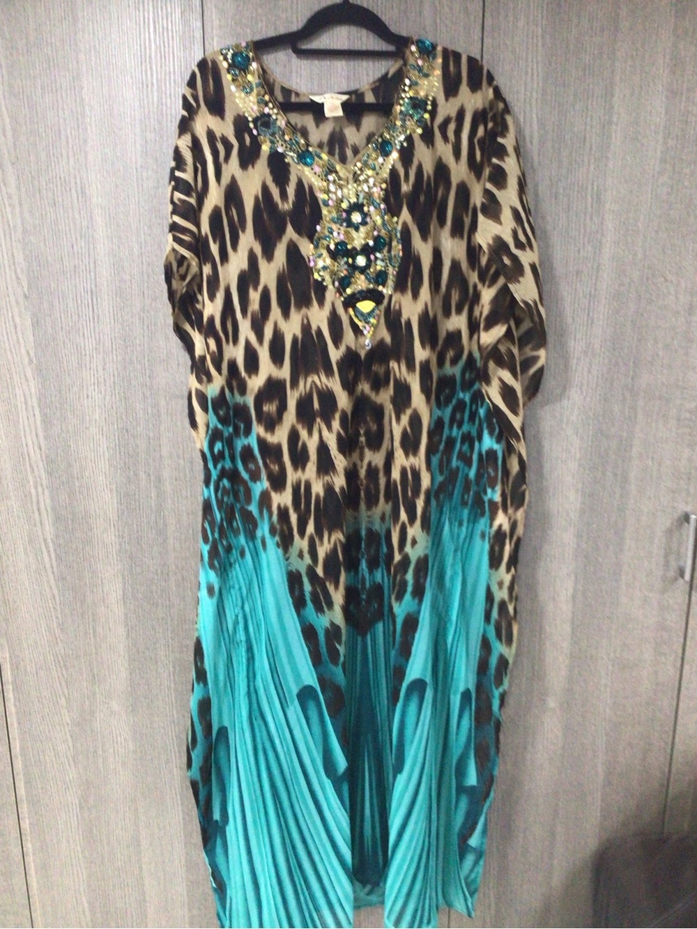 Jeweled Leopard-Print Swim Coverup in Teal and Brown